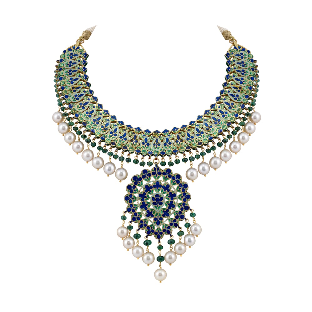 Polki and Pearl Choker Necklace with Emerald Accents